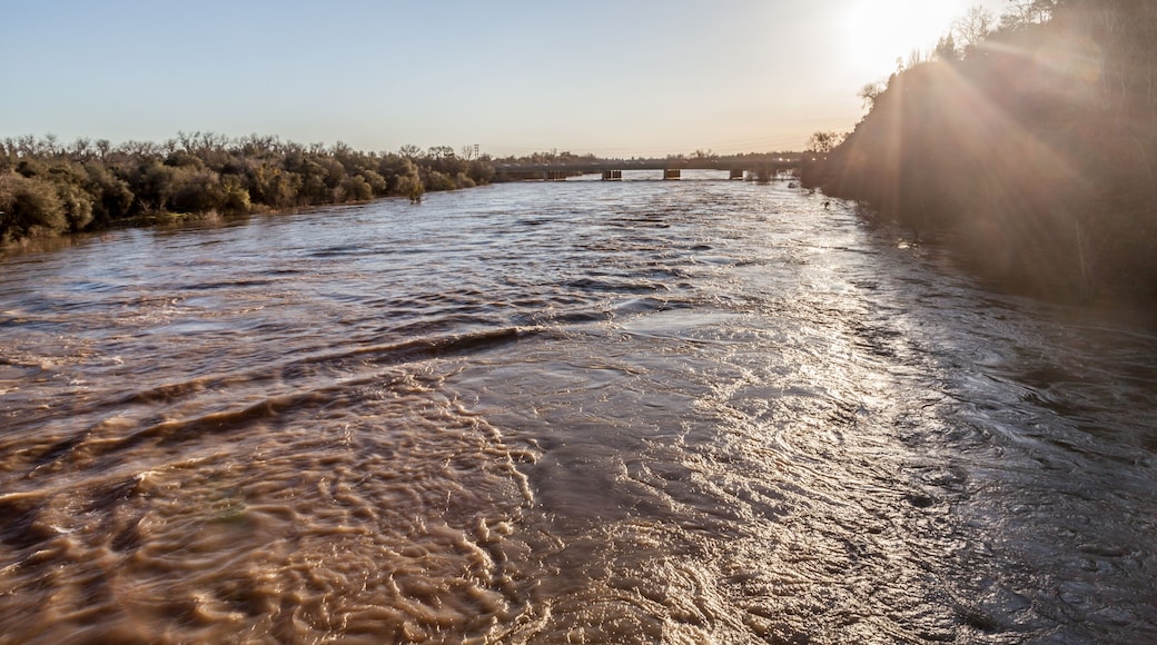Looking towards Sunrise Boulevard from the Fair Oaks red footbridge with American River in flood