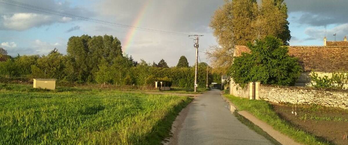 A rural road flanked by fields and trees, with a rainbow in the distance.