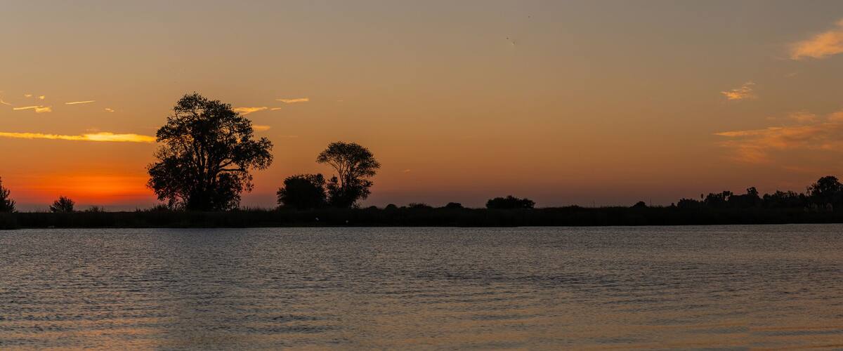 A sunset over a calm body of water with silhouettes of trees and a distant shoreline.