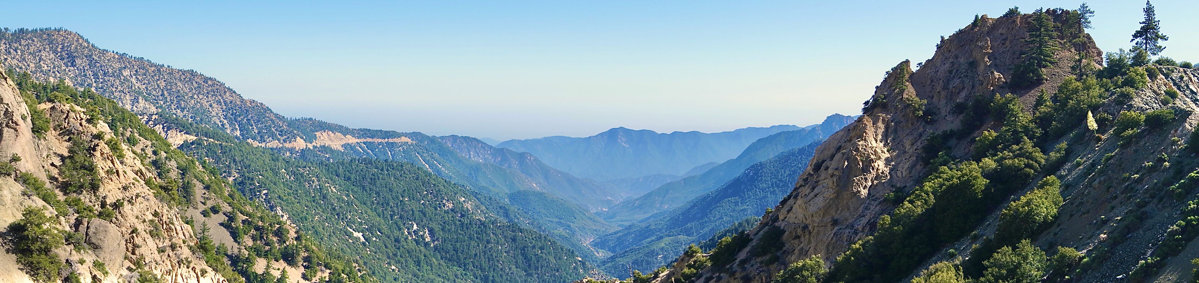 A mountainous landscape with dense forests and rocky cliffs.