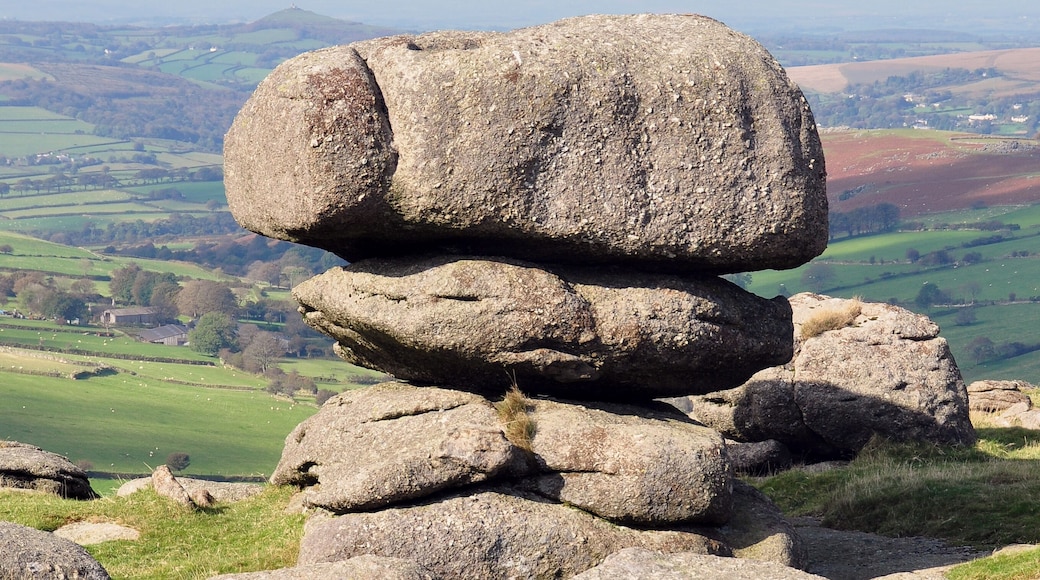 Rock outcropping on the edge of Roos Tor on western Dartmoor. Brent Tor is visible in the background.