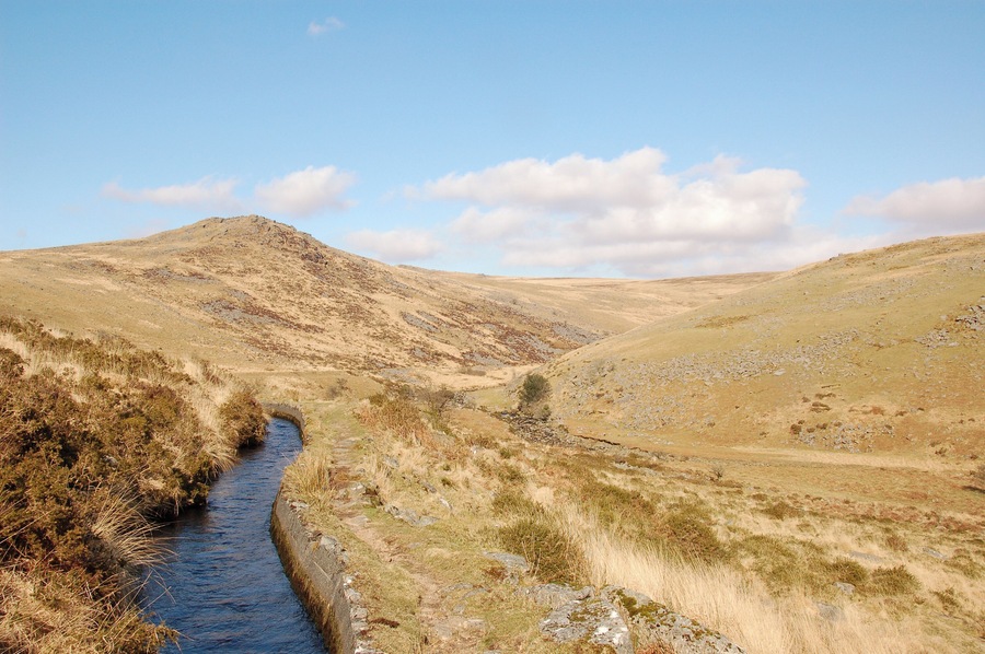 A still-flowing leat in the Tavy Cleave in western Dartmoor. The leat runs to Wheal Jewell reservoir.