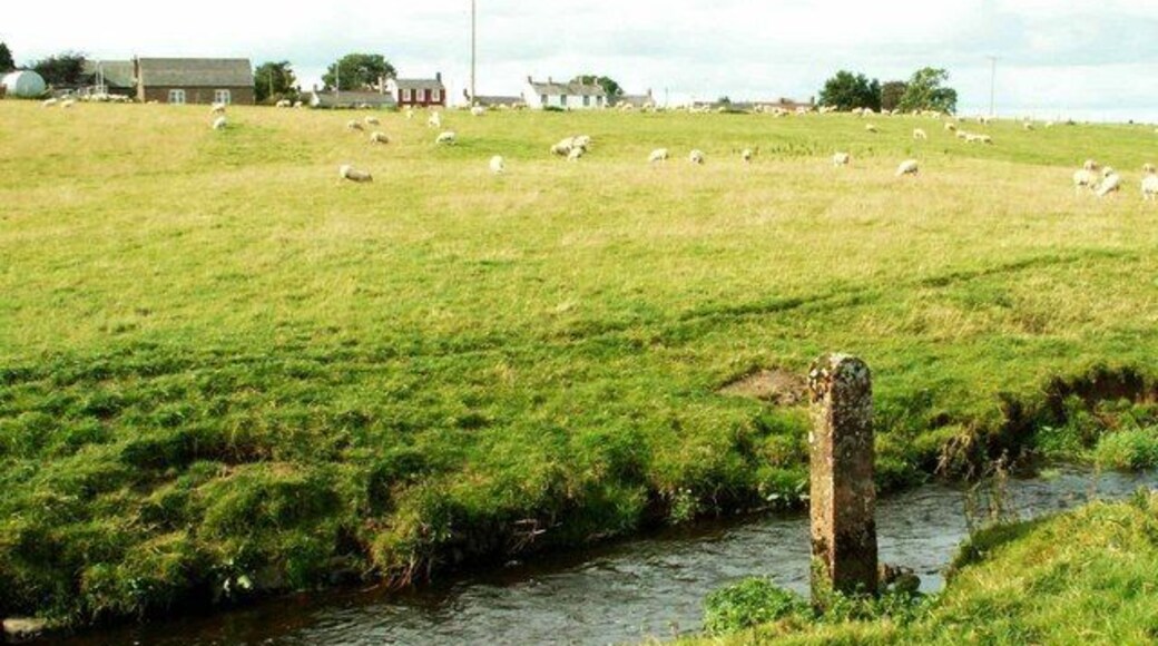 Burn and fields at Dornock There were no markings to be seen on this stone; perhaps it's just a gatepost in an unconventional setting.