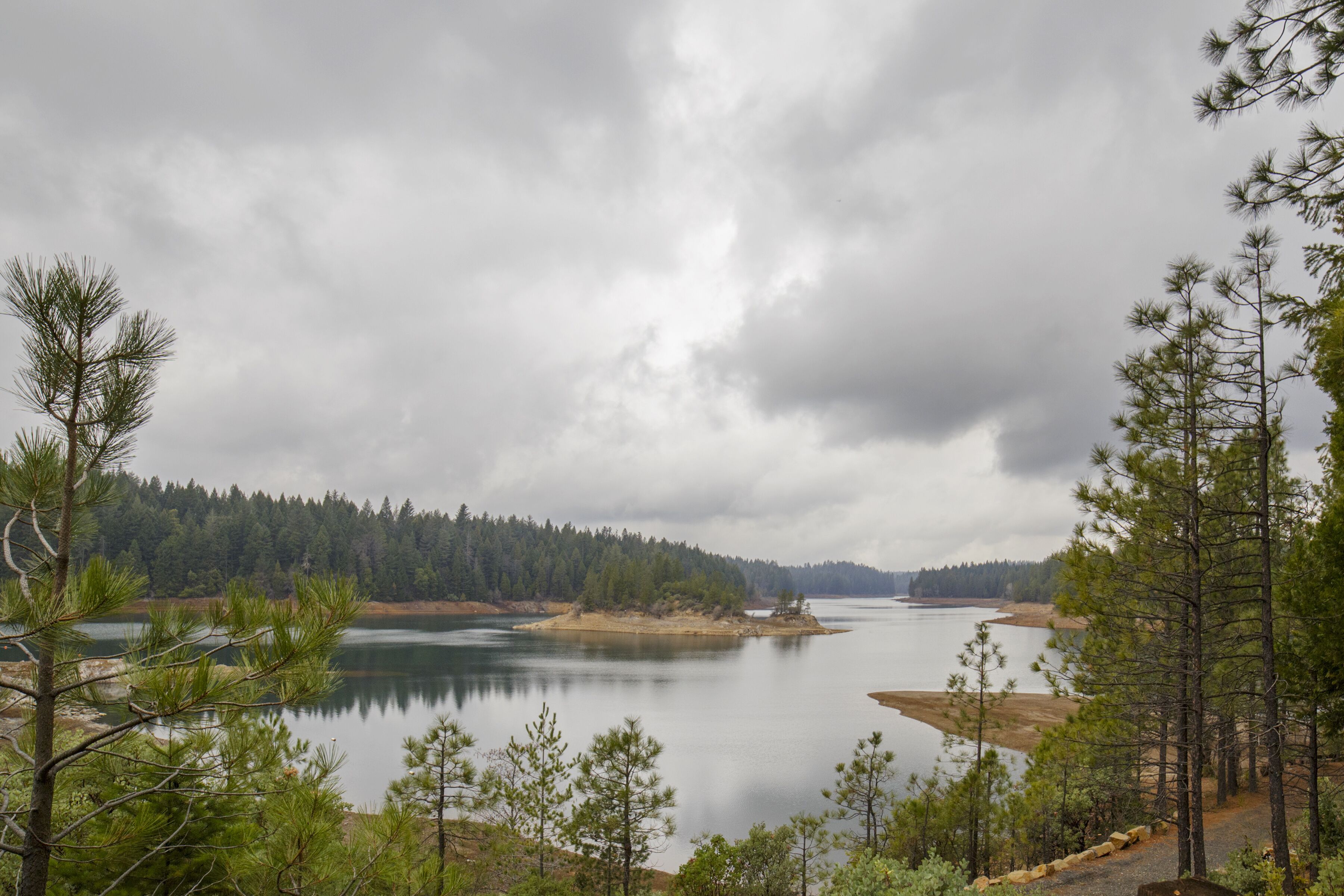 A lake surrounded by dense forest and cloudy skies.