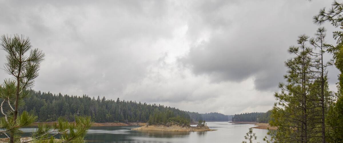 A lake surrounded by dense forest and cloudy skies.