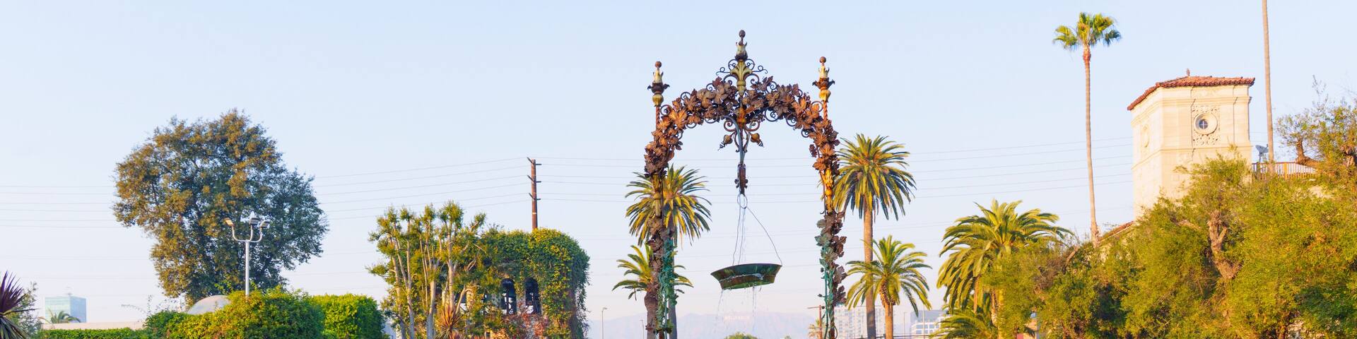 Historic Fountain Amid Lush Gardens at Hollywood Forever Cemetery