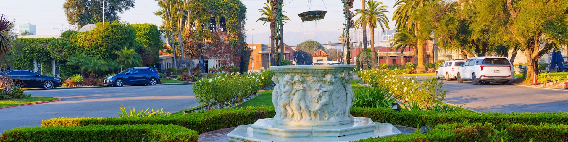 Historic Fountain Amid Lush Gardens at Hollywood Forever Cemetery
