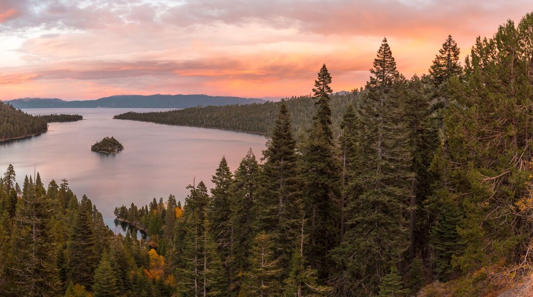Panoramic sunset view over Fannette Island at Emerald Bay in Lake Tahoe