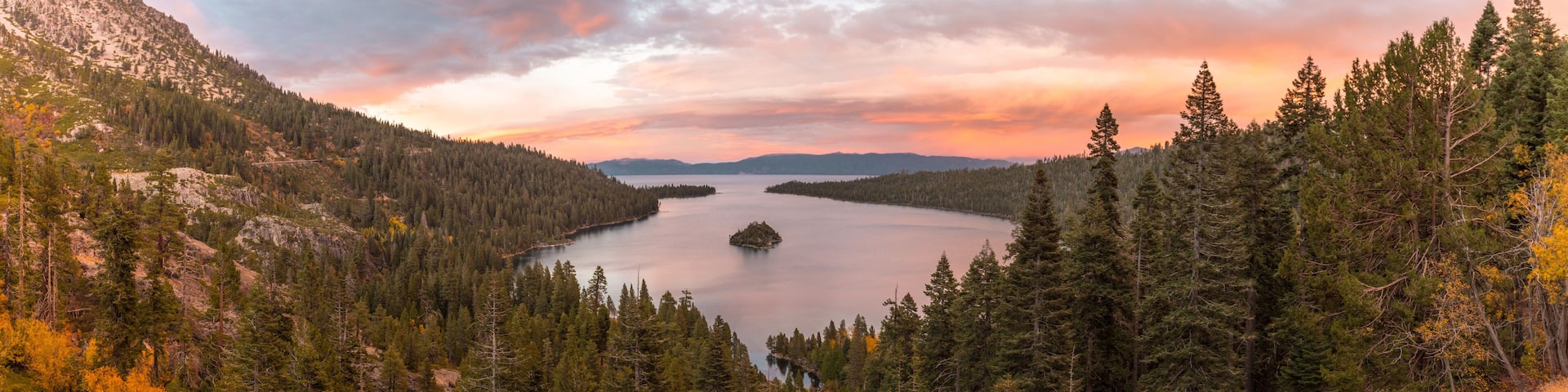 Panoramic sunset view over Fannette Island at Emerald Bay in Lake Tahoe