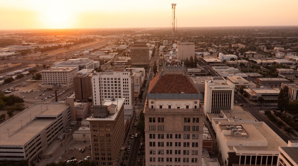 Sunset aerial view of the historic downtown area of Fresno, California, USA.