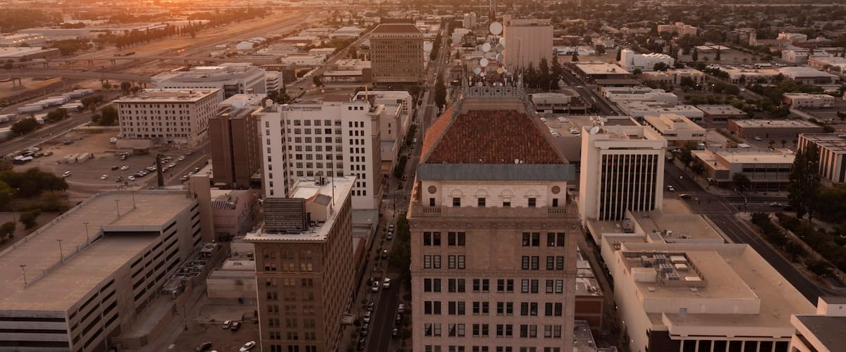 Sunset aerial view of the historic downtown area of Fresno, California, USA.