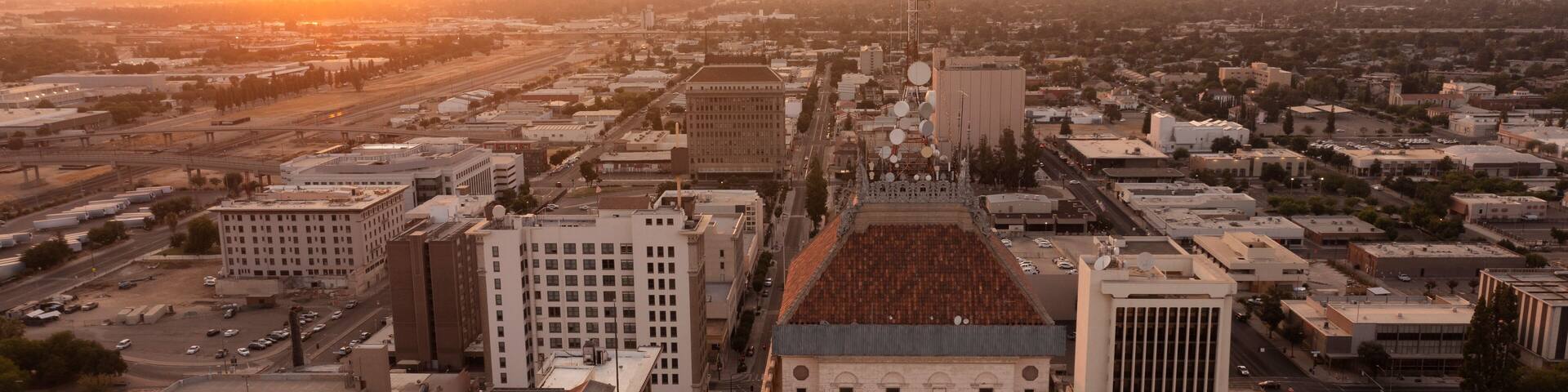 Sunset aerial view of the historic downtown area of Fresno, California, USA.