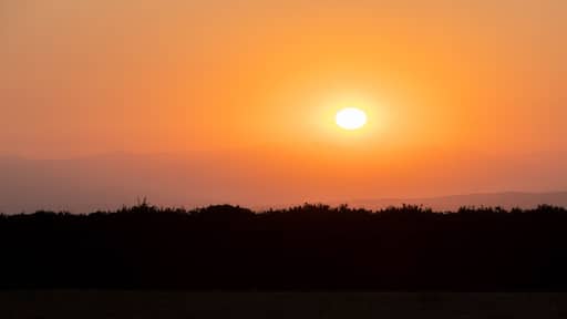 A sunset over a mountainous landscape with a silhouette of trees in the foreground.