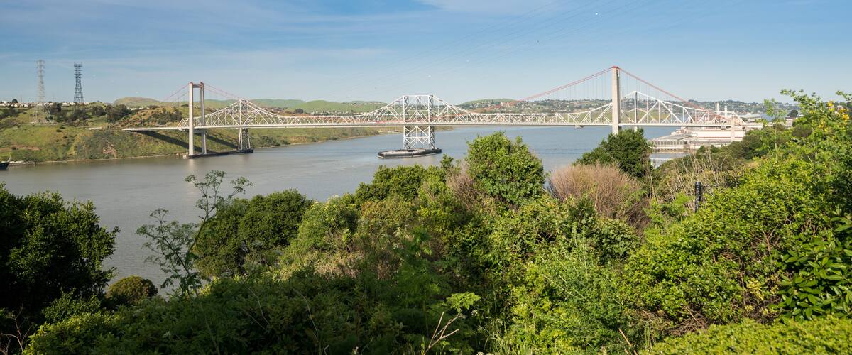A large suspension bridge over a river, surrounded by lush greenery and hills in the background.