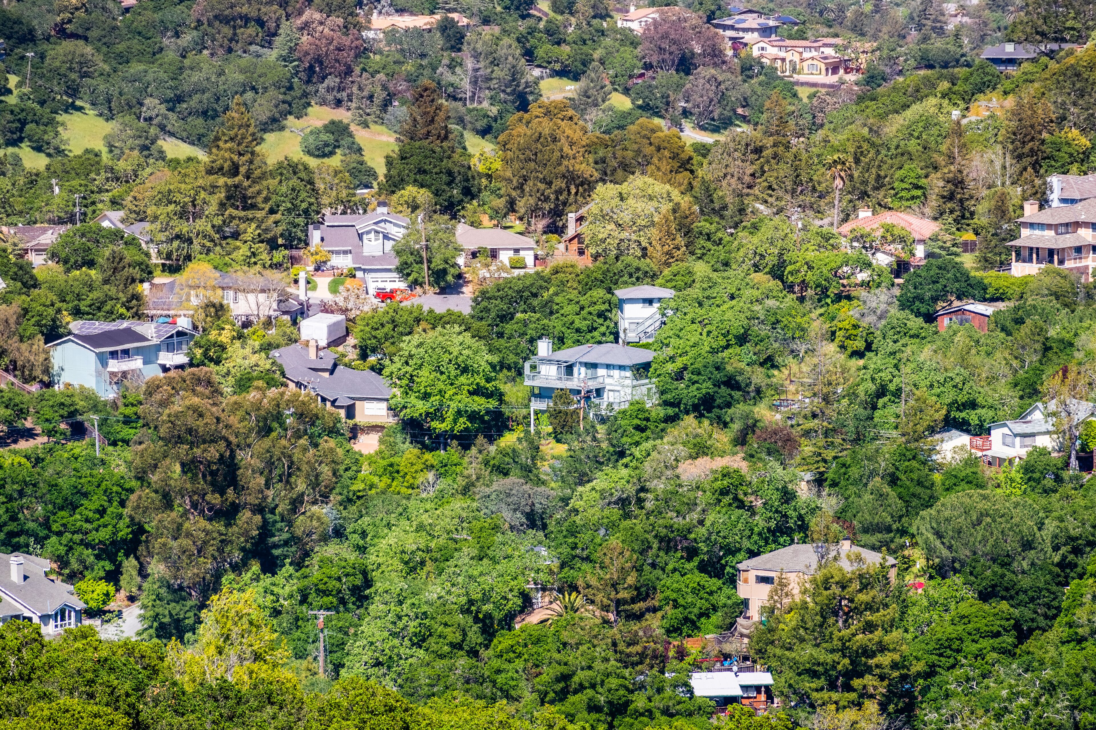 Aerial view of residential neighborhood; Redwood City; San Francisco bay area, California