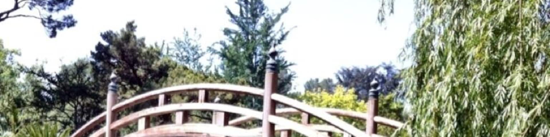 A wooden bridge over a pond with a statue in the background.