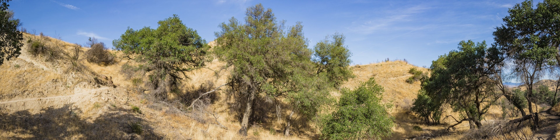 Panorama of walking trail leading through canyons of Santa Clarita California.