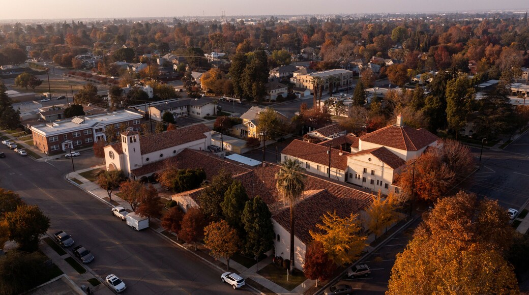 Sunset aerial view of historic downtown Bakersfield, California, USA.