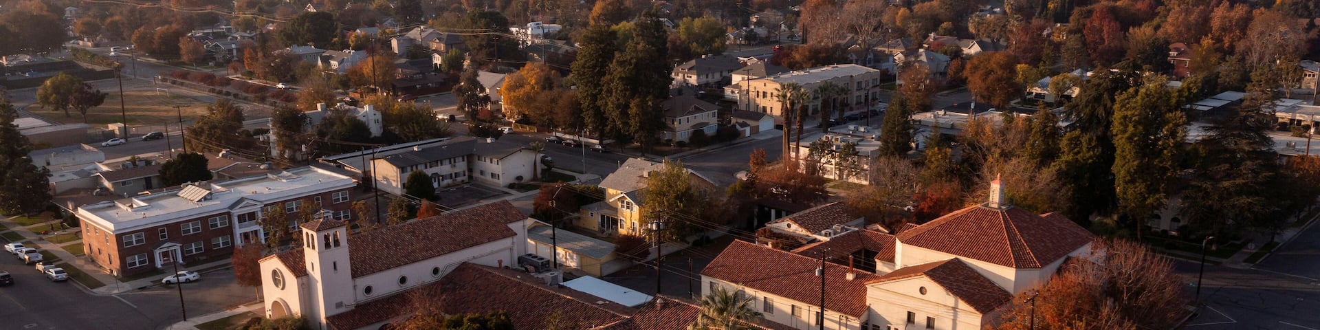 Sunset aerial view of historic downtown Bakersfield, California, USA.