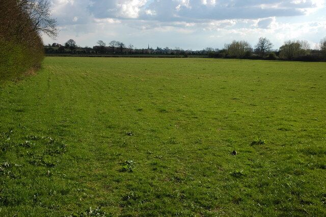 Meadows below Bredon's Norton View south across meadowland towards Bredon. The spire of Bredon church can be seen on the horizon.