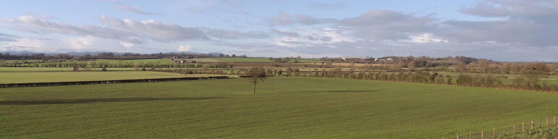 A rural landscape with green fields, a fence, and distant hills under a partly cloudy sky.