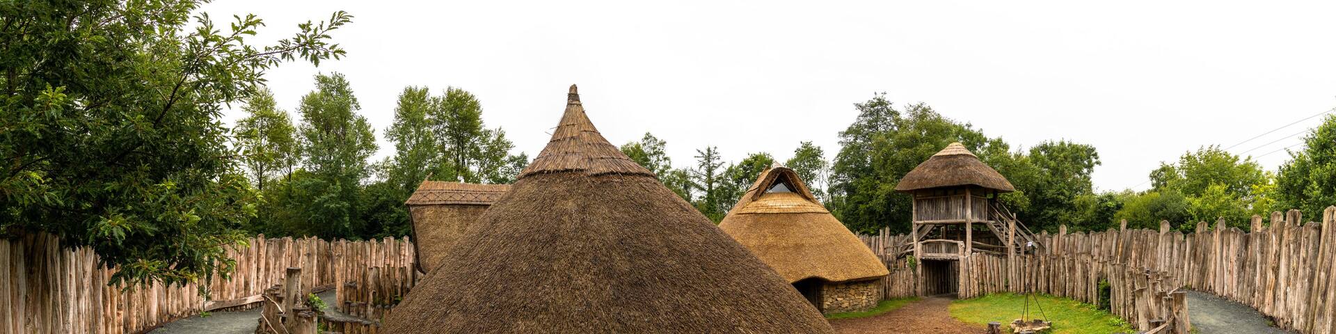 panorama view of a reconstructed early medieval ringfort in the Irish National heritage Park