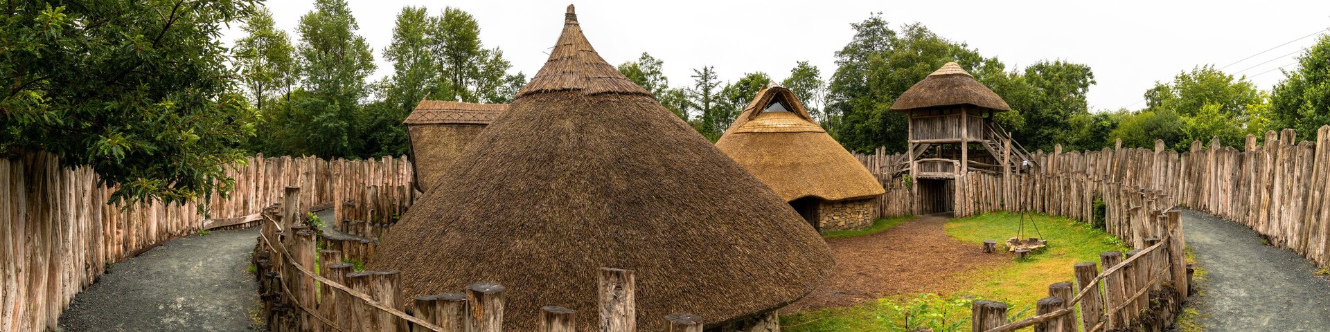 panorama view of a reconstructed early medieval ringfort in the Irish National heritage Park