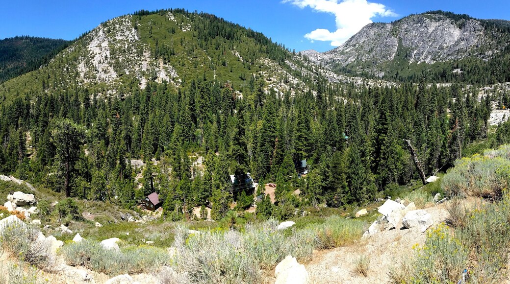 Panoramic View of Pyramid Peak from El Dorado Freeway 50. Sierra Nevada, Crystal Range, West of Lake Tahoe. Twin Bridges, California.