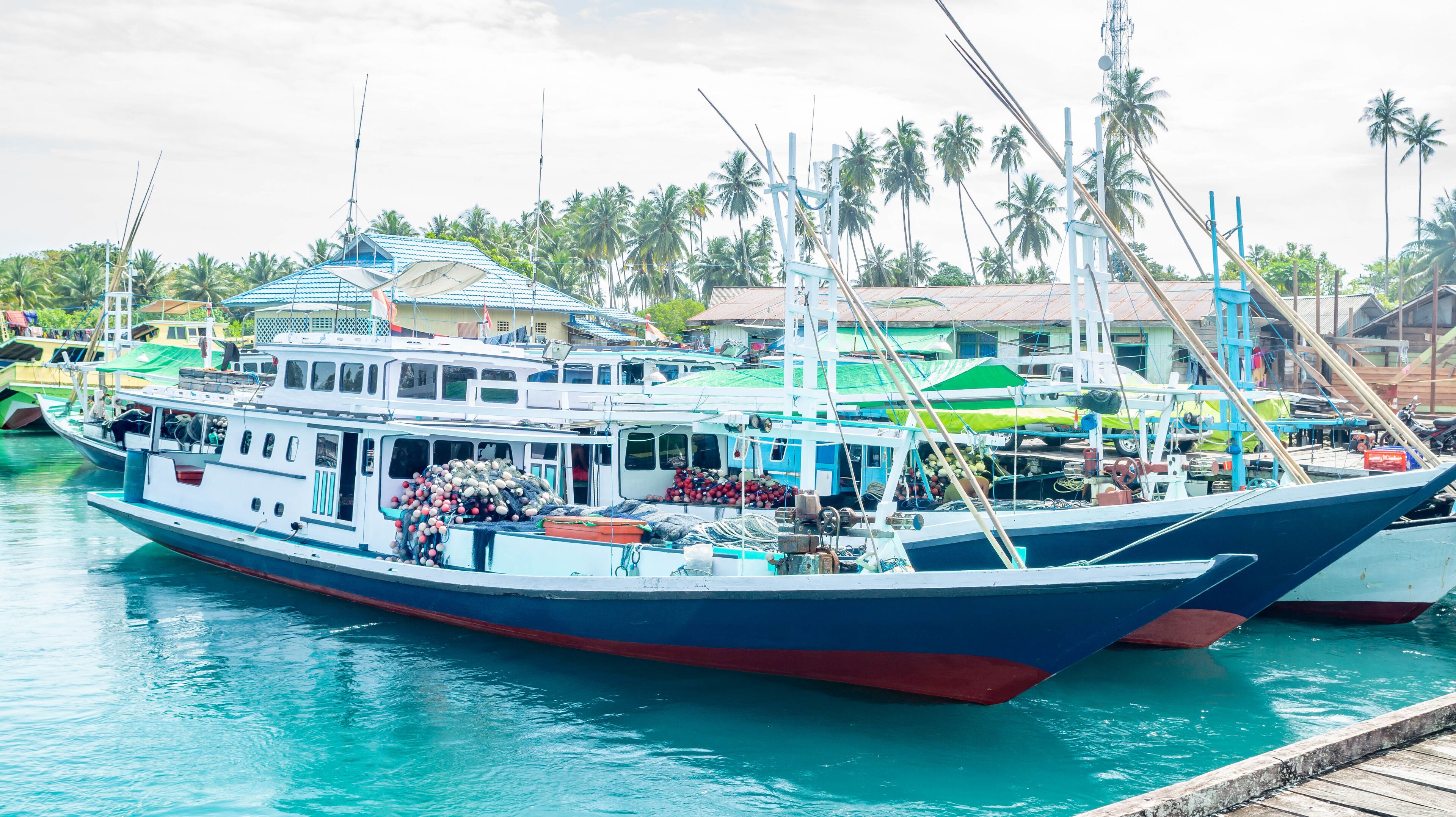 A large boat docked at a marina with a backdrop of palm trees and buildings.