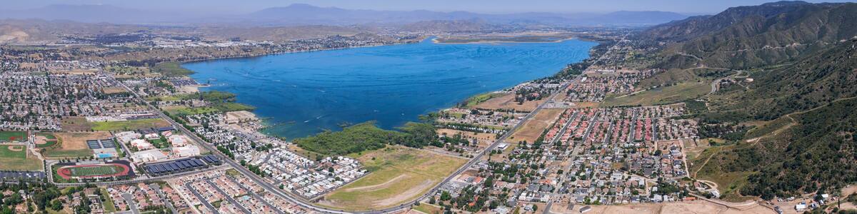 Stunning aerial view of Lake Elsinore with mountain backdrop Riverside County California USA