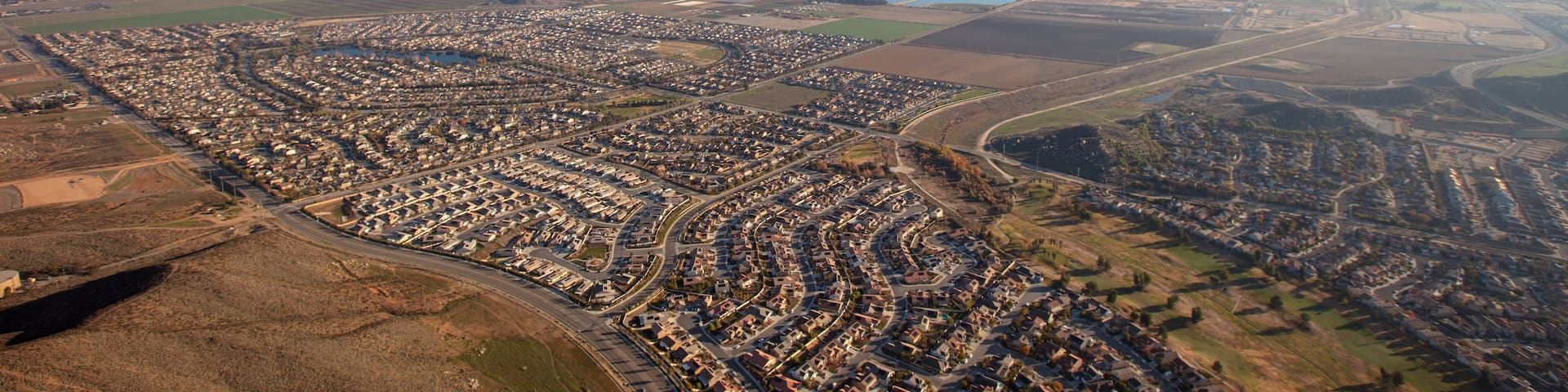 Aerial view from hot air balloon of housing in Menifee southern California United States