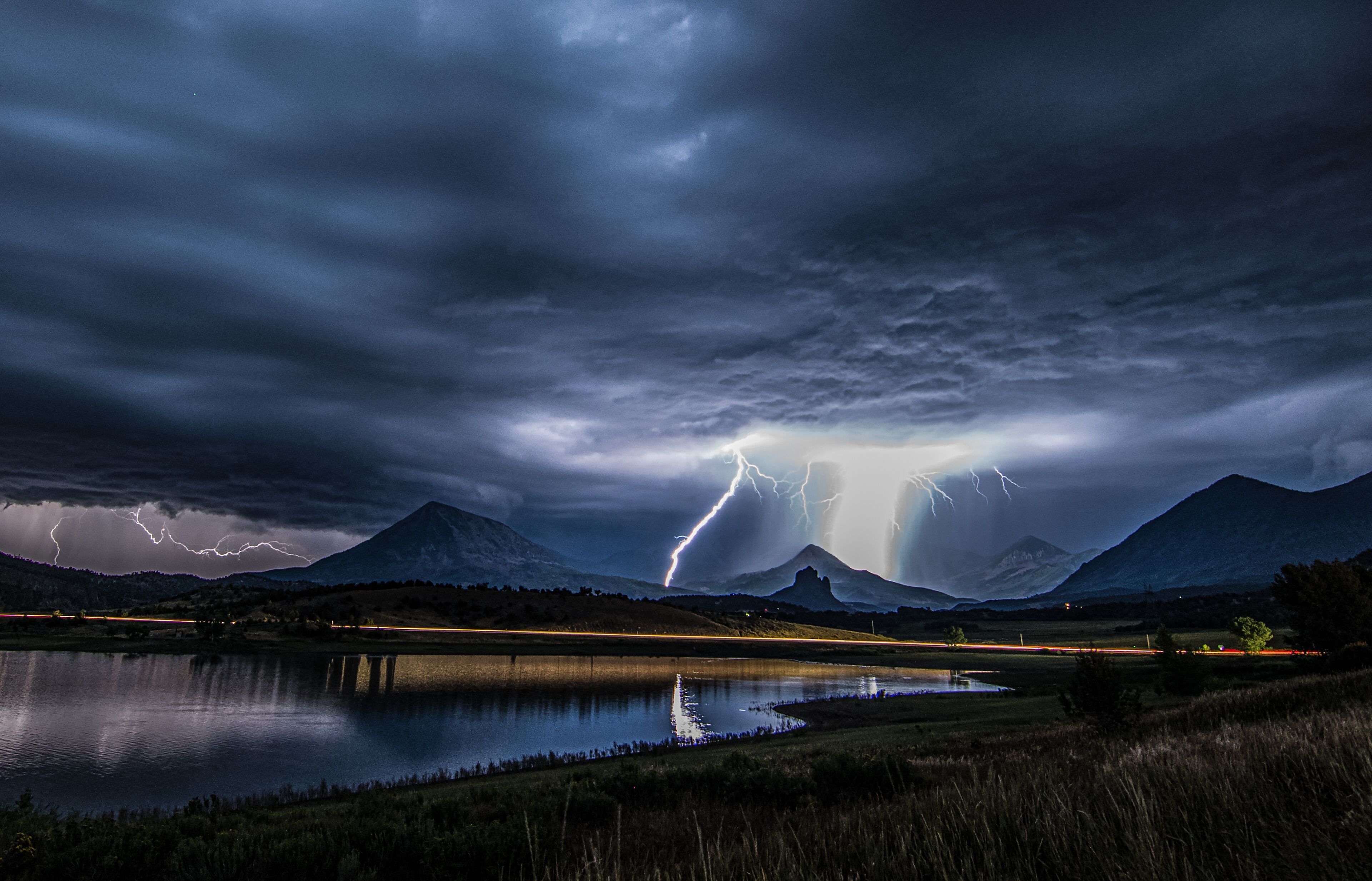 Lightning strike over a volcano