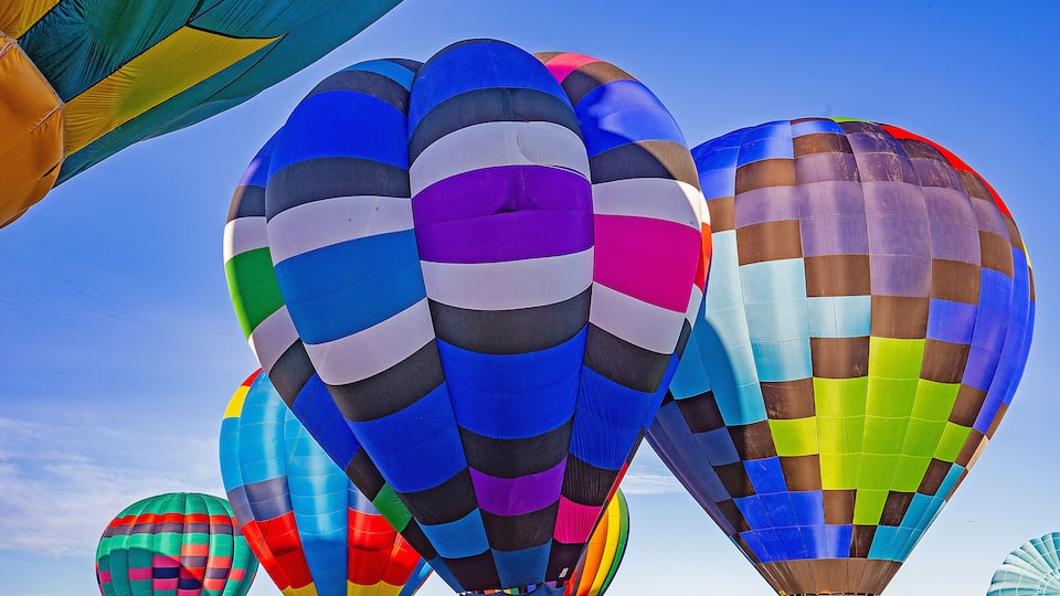 A cluster of colorful hot air balloons against a clear blue sky.