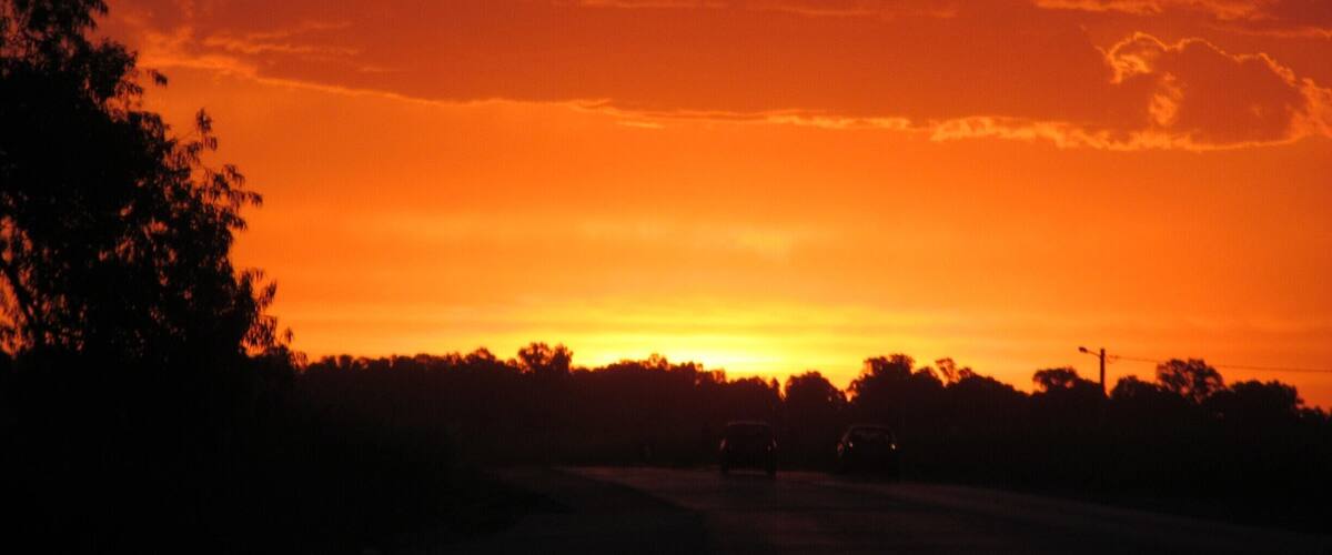 A sunset with a vibrant orange sky, silhouettes of trees, and distant vehicles on a road.