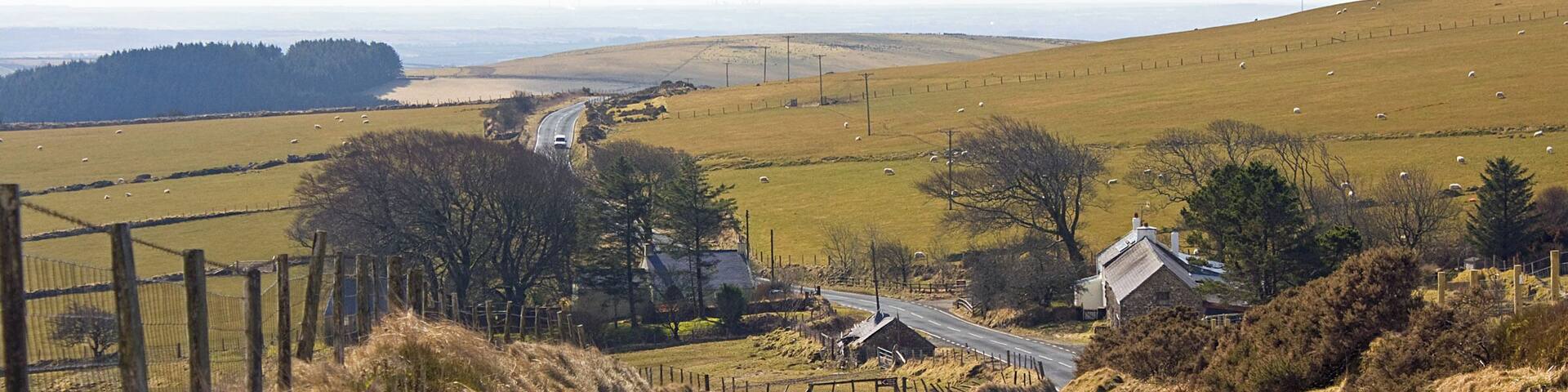 Farmsteads south of Bwlch-gwynt Ty-llosg to the right, Dolau-bach to the left.