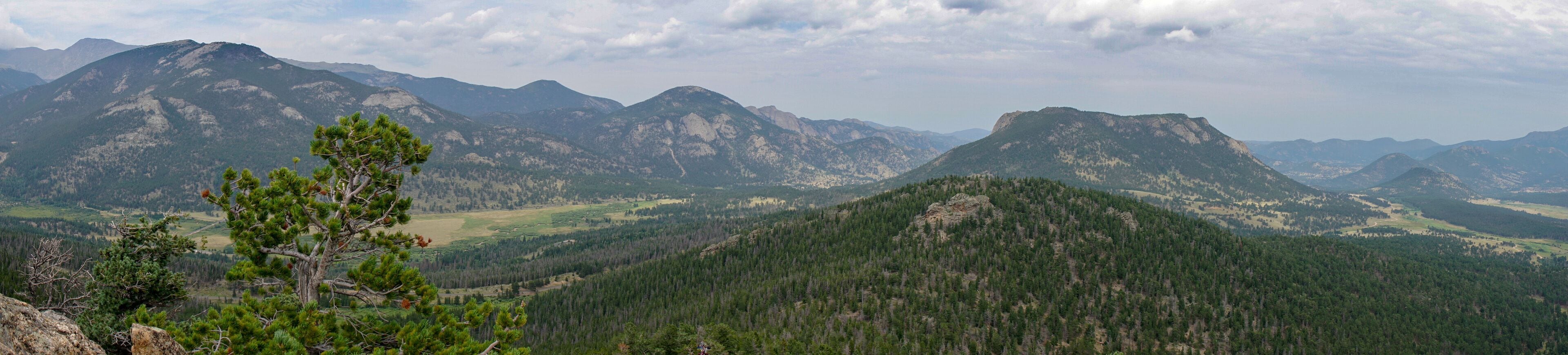Sweeping views of Rocky Mountain park under cloudy skies as seen from the southern section of the park