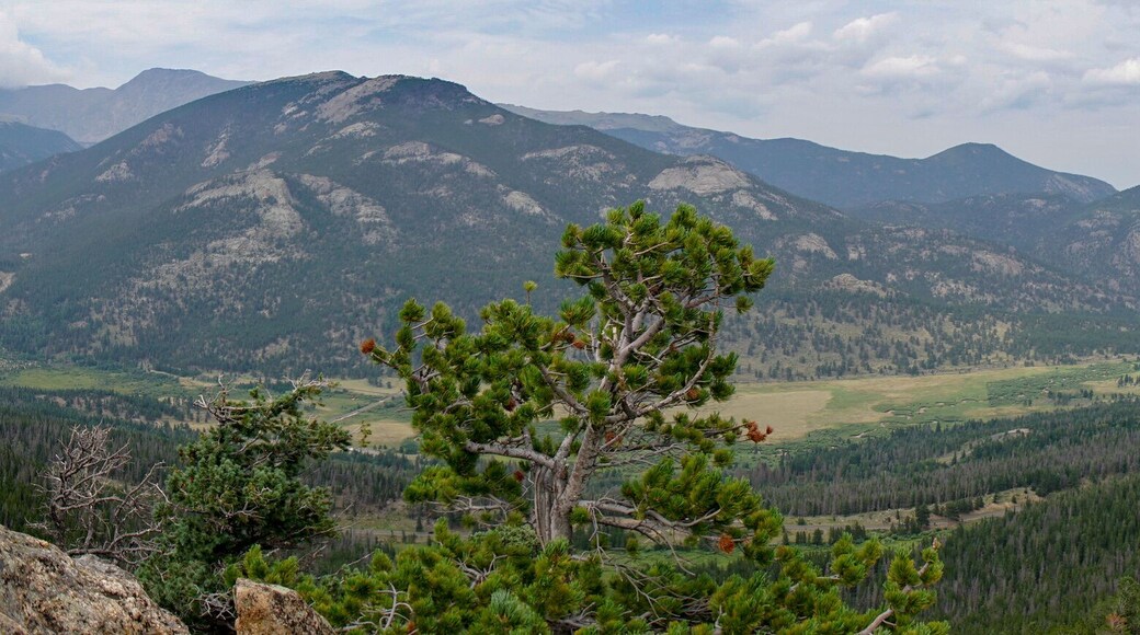Sweeping views of Rocky Mountain park under cloudy skies as seen from the southern section of the park