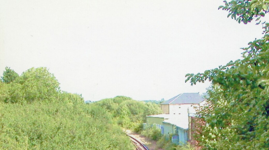 Site of former Littlemore station, 2004. View SE from the (former A423) road bridg, towards Morris Cowley, Thame and Princes Risborough: ex-GWR (Wycombe Railway) (Oxford) Kennington Junction - Princes Risborough line. Littlemore station was closed 7/1/63 to passengers when these services ceased on the whole line, but remained for goods until 21/6/71 and the line remains open Kennington Junction - Morris Cowley to serve the BMW-Mini car factory. The rest of the line has gone: Morris Cowley - Thame since 1/5/67, Thame - Princes Risborough since 17/4/91.