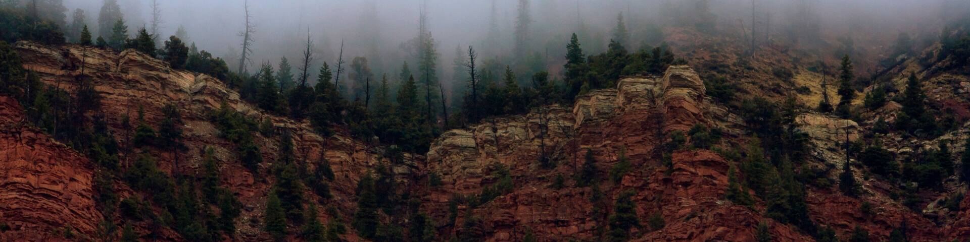 The red sandstone cliffs of Bellyache Ridge covered in fog during late fall in Wolcott Colorado.