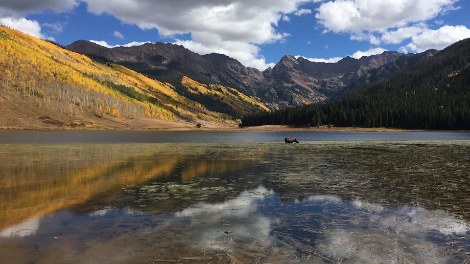 A mountain lake with clear water reflecting the surrounding landscape, including autumn-colored trees and distant mountains.