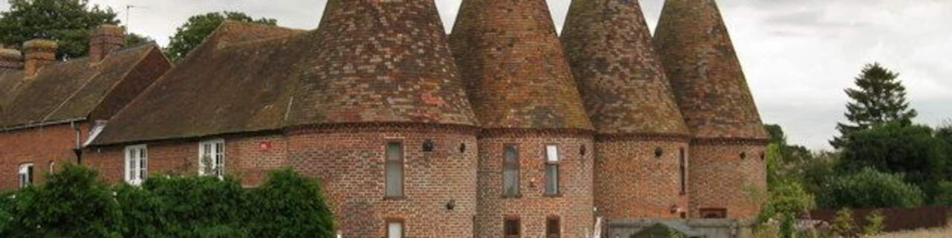 A building with conical roofs and a field in the foreground.