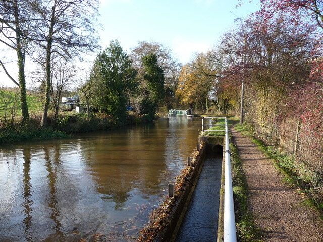 A calm river with a narrow bridge and a path alongside it.