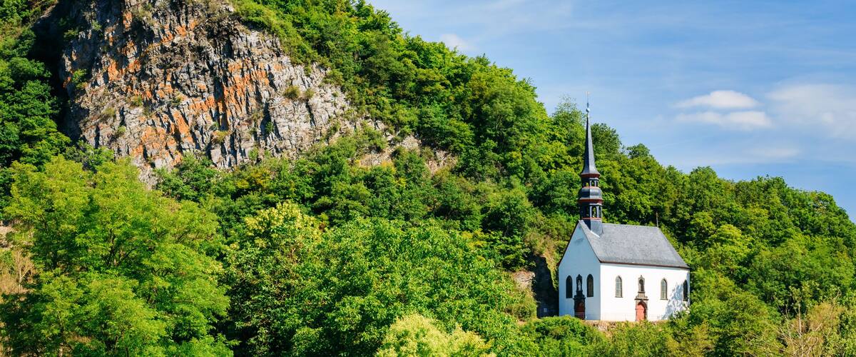 A white church with a steeple on a hill surrounded by lush green trees.