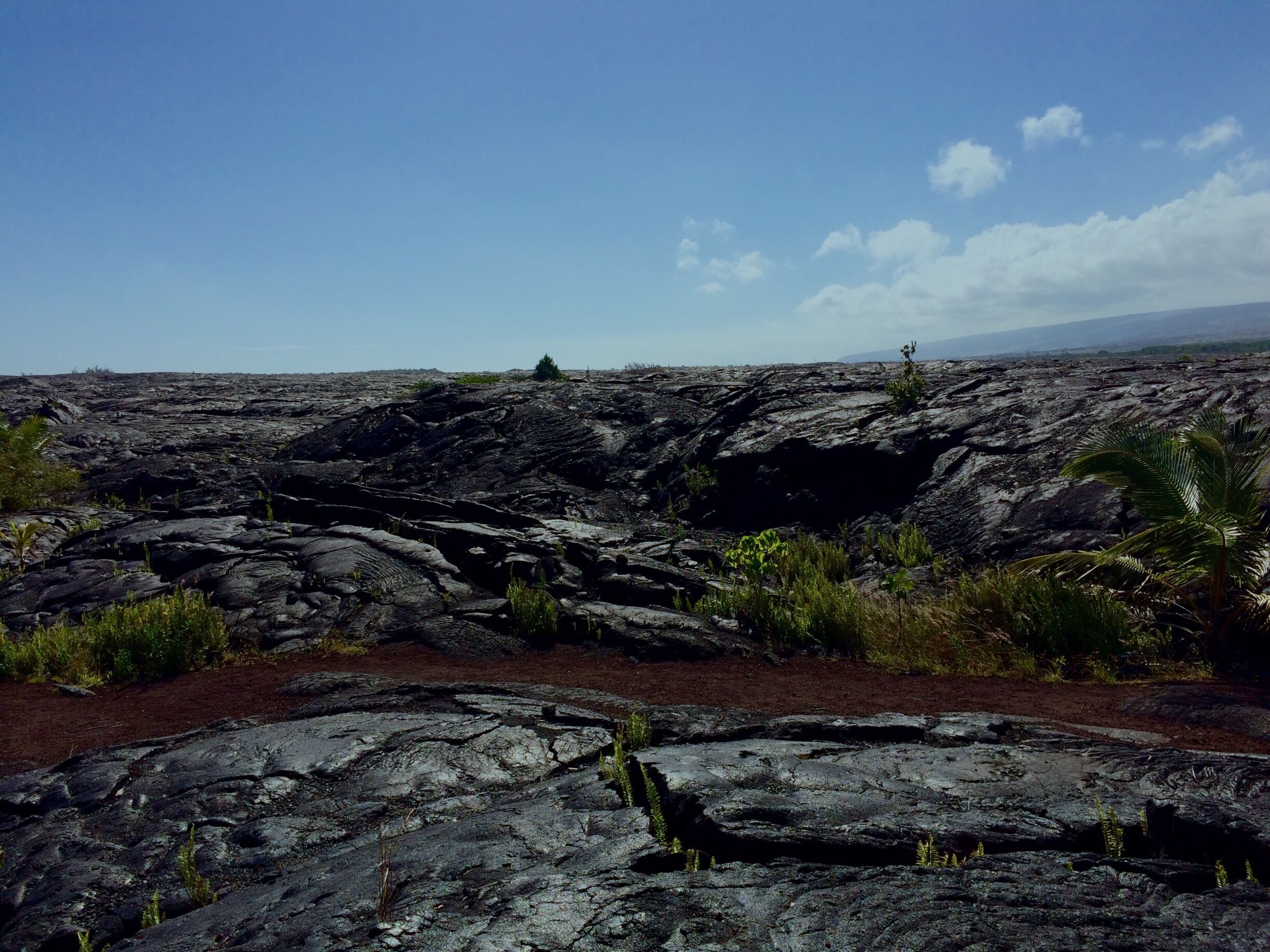 A volcanic landscape with rugged terrain and sparse vegetation.