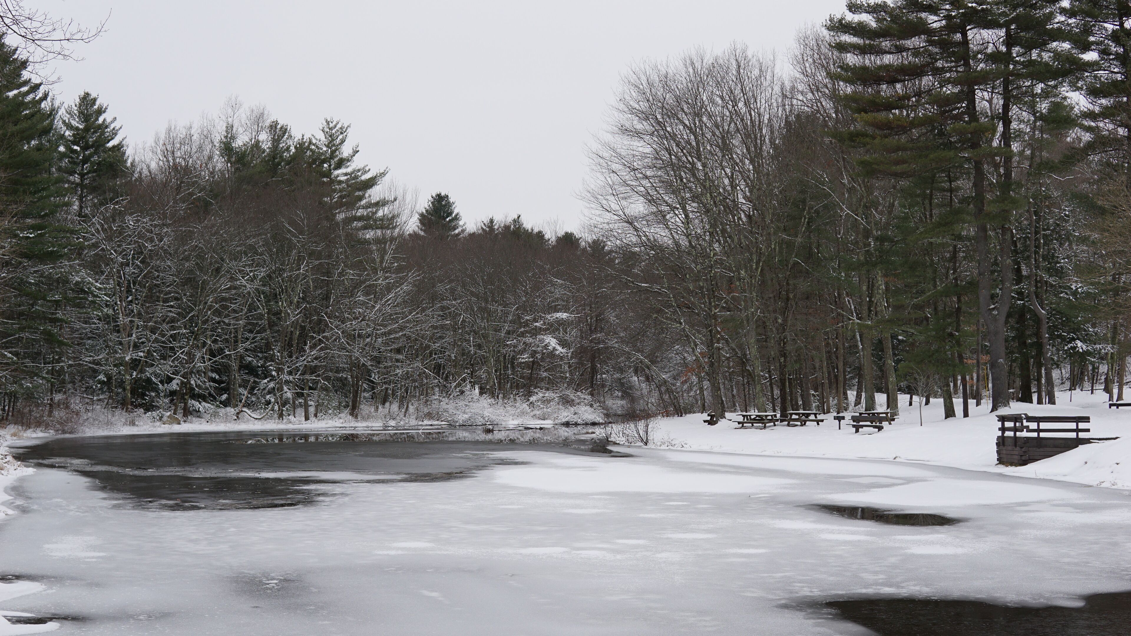 A frozen river surrounded by snow-covered trees and picnic tables.