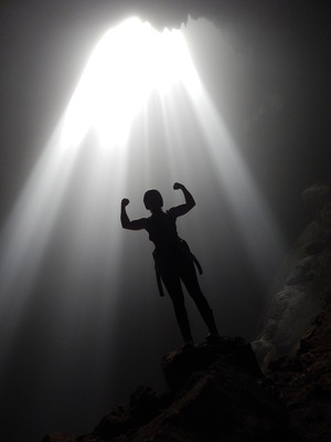 Goa Jomblang is an underground cave near Wonosari/Semanu, outside of Jogja, Indonesia.
You rappel down about 40m, and then hike 200m until you arrive at this stunning light shining through this cave.
Maybe the most beautiful place I've ever seen. Definitely worth the $35! You receive a team to set up the rappelling / lowering, safety briefings, guide for the hike, and lunch afterwards.
Call Mas Cahyo at +62 811 117 010 -- maybe speaks bahasa indo only. Safety briefings also only in Indonesian.