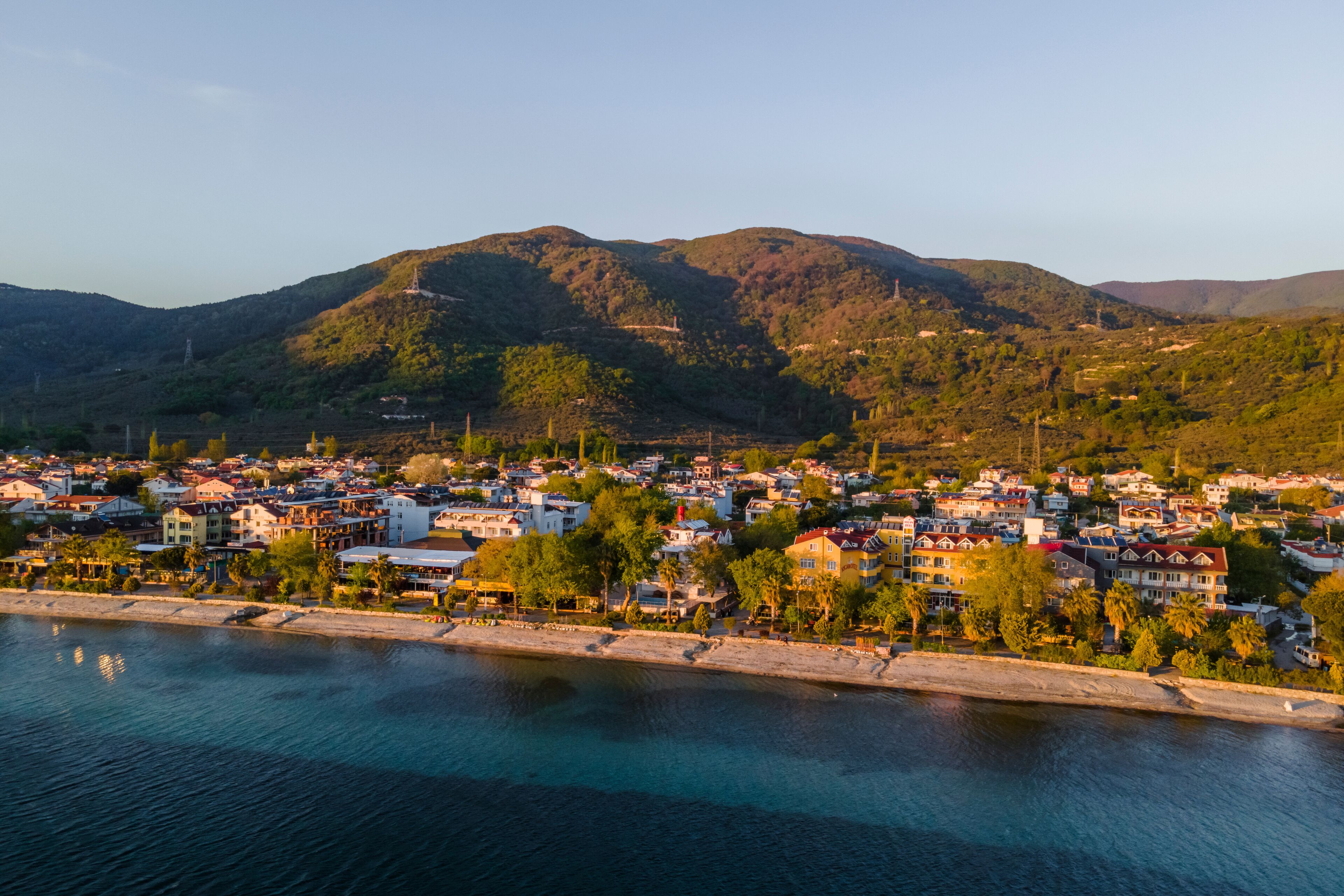 Aerial view of Ocaklar at sunset along the Marmara Sea, Balikesir Peninsula, Turkey.