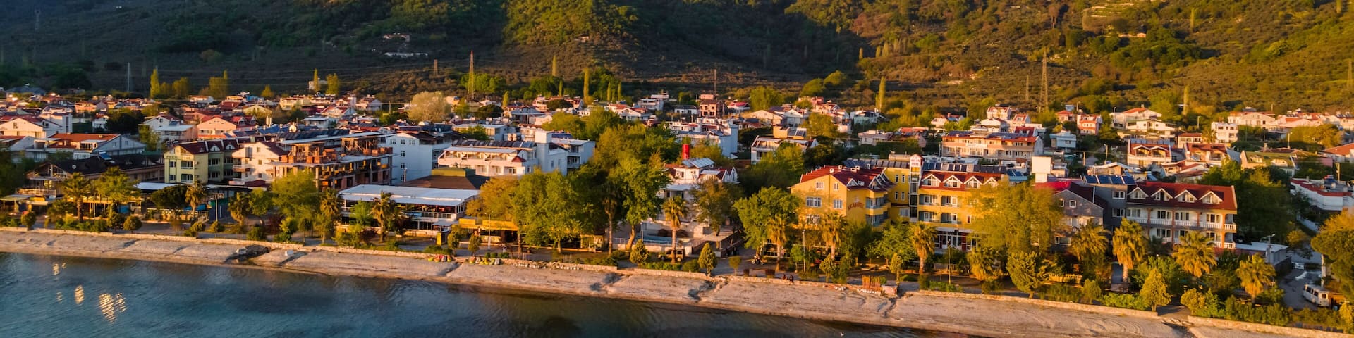 Aerial view of Ocaklar at sunset along the Marmara Sea, Balikesir Peninsula, Turkey.
