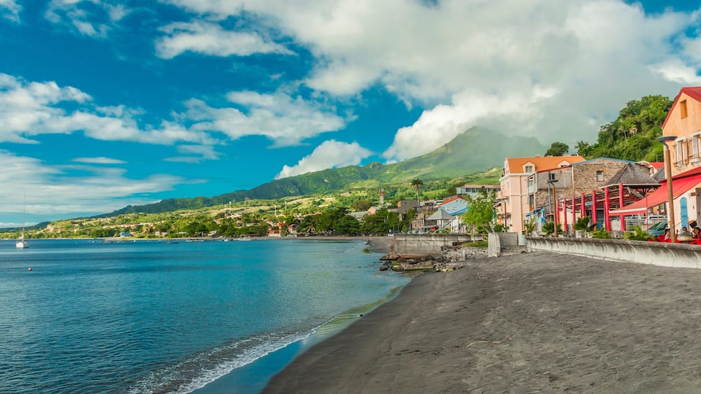 View of Saint-Pierre on Martinique island and Mount Pelee volcano