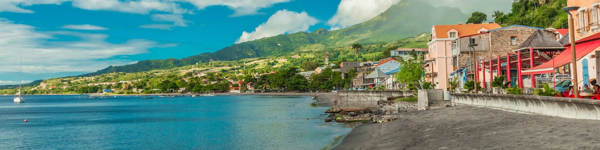 View of Saint-Pierre on Martinique island and Mount Pelee volcano